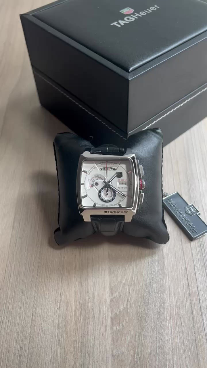 Miniatura: TAG HEUER MONACO PRATA BRANCO COURO 42MM