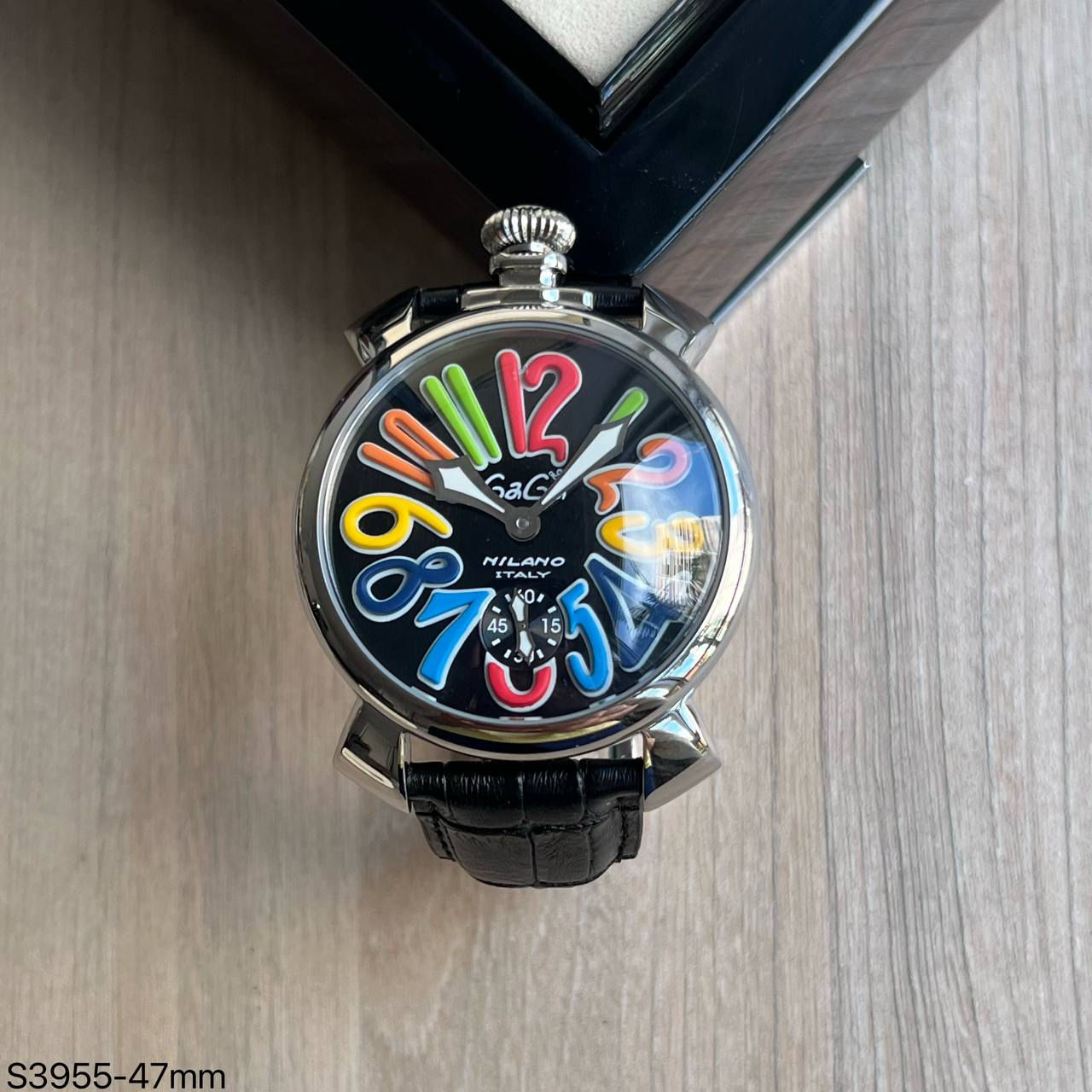 GAGA MILANO PRATA PRETO COURO 47MM