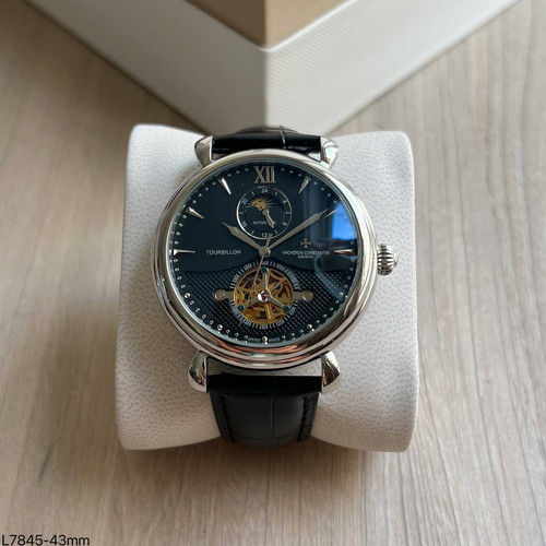 VACHERON CONSTANTIN AUTOMÁTICO PRATA PRETO COURO 45M | Réplicas de