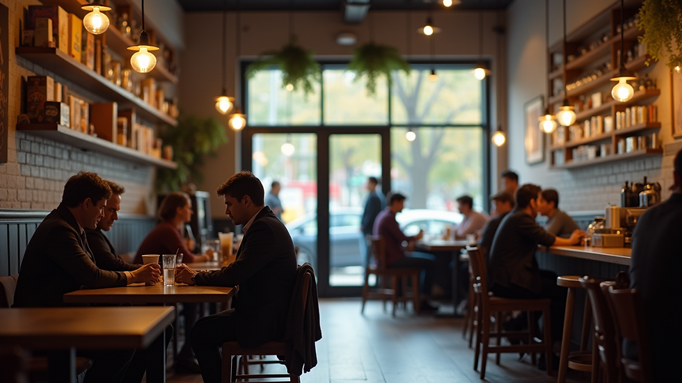 Eye-level view of a cozy coffee shop interior with people engaged in conversation