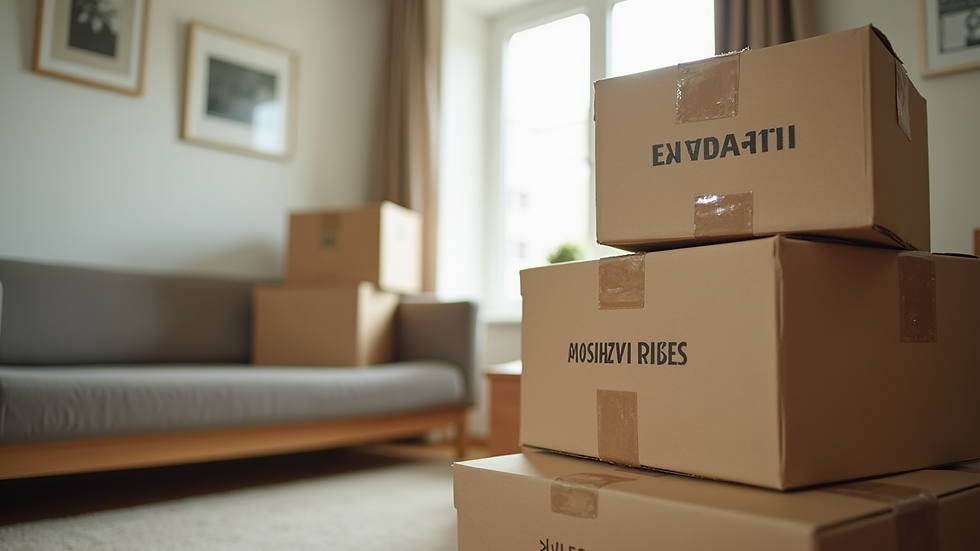 Close-up view of moving boxes stacked and labeled in a living room