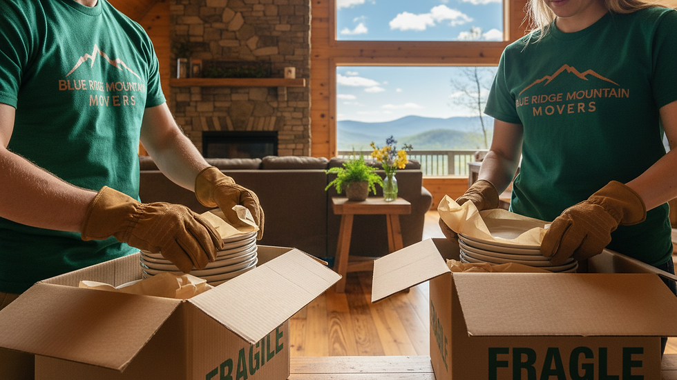 Close-up view of movers carefully packing fragile items into boxes