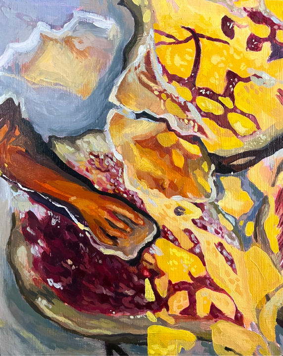 Contemporary abstract painting featuring a hand reaching into a fig, blending rich reds, yellows, and textured brushstrokes to evoke themes of sensuality, body, and transformation