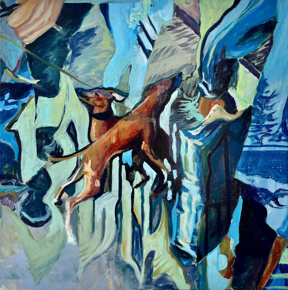 Abstract contemporary painting of a brown dog on a leash, set against fragmented blue and green shapes with expressive brushstrokes and calligraphy-style typography, evoking movement, tension, and emotional memory.