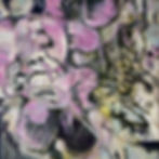 Hyperreal surreal abstract painting of pink orchid-like flowers layered over grayscale textures and digital glitches