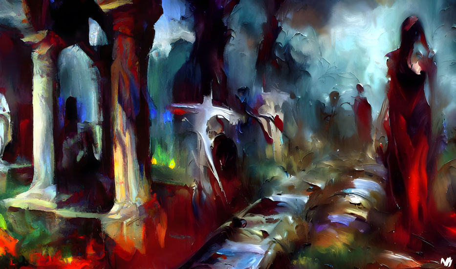 Crimson Veil of the Eternal Rest dark gothic fineart oil painting by Michael White