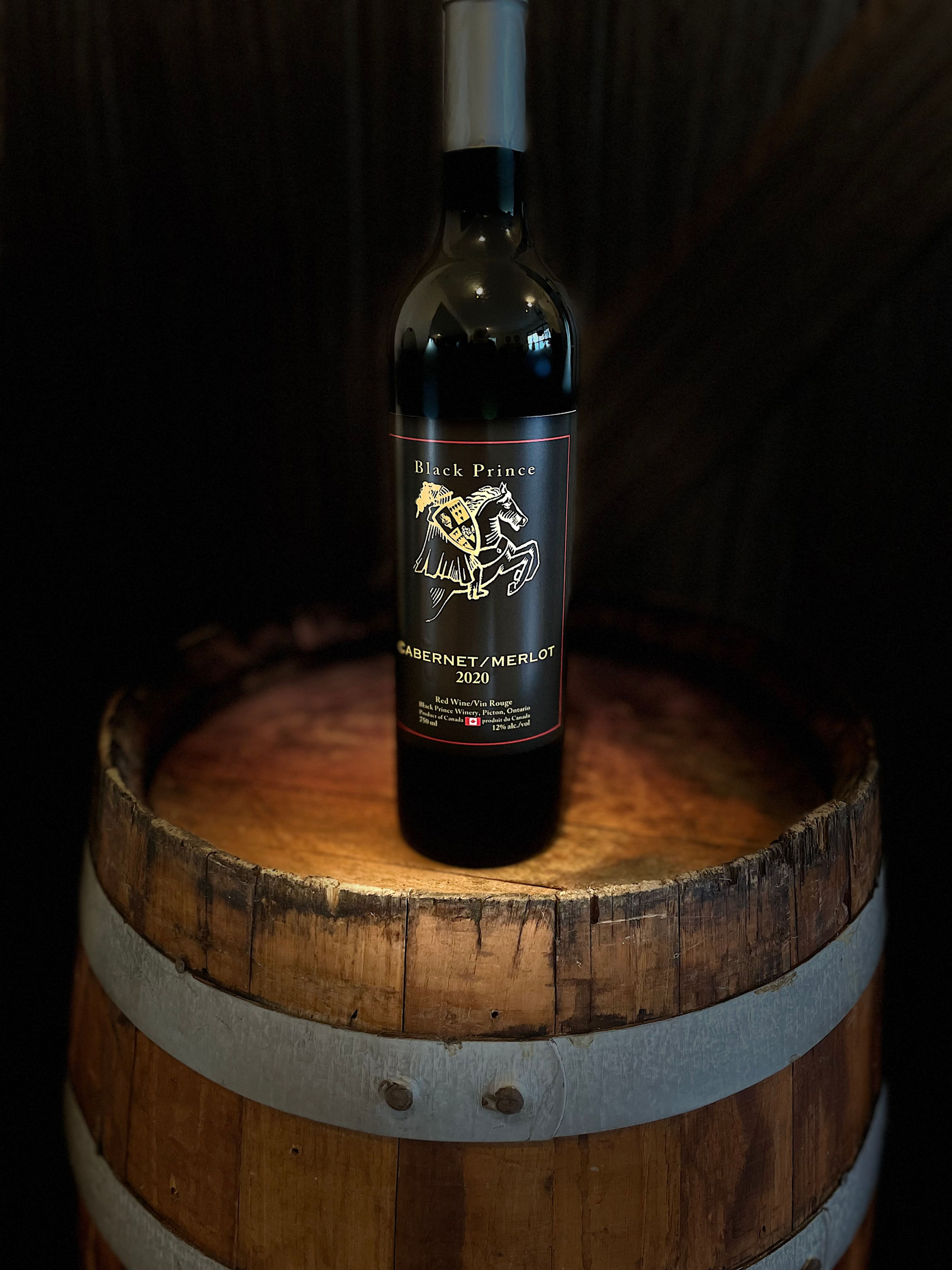 Black Prince Winery Cabernet Franc Reserve wine bottle on a barrel
