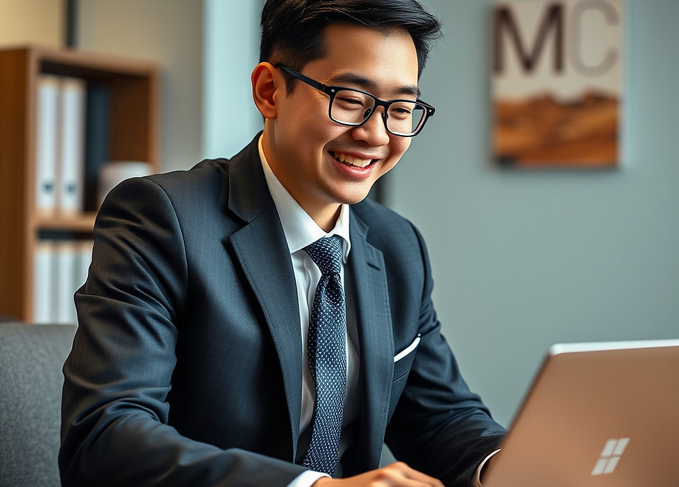 An East-Asian, smiling inhumanly wide, manically working on a job that could potentially b
