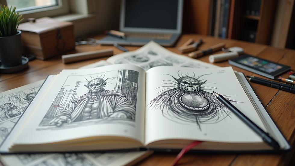 High angle view of a comic artist's sketchbook and portfolio