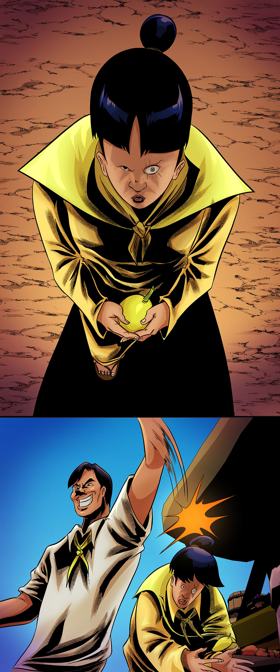 High angle view of a comic book featuring traditional costumes and local scenery