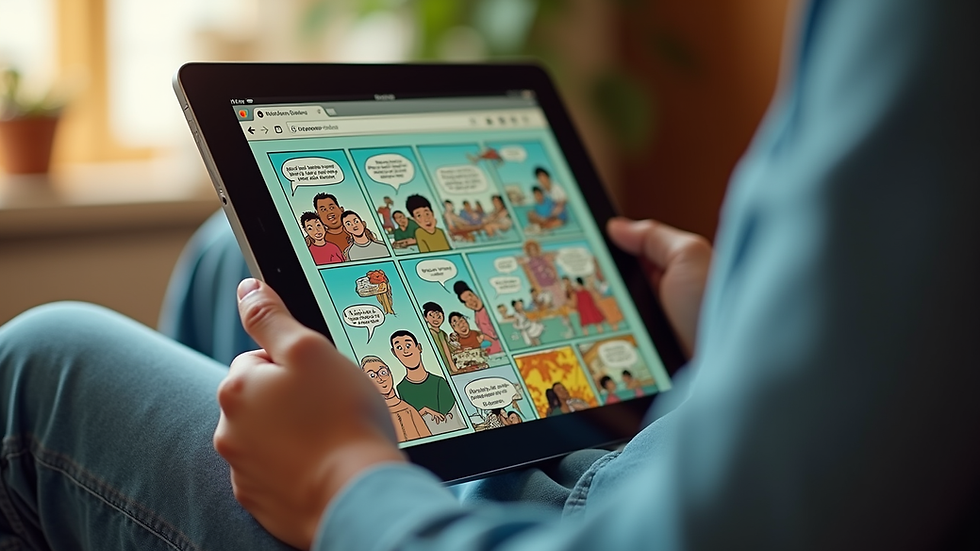 Close-up view of a digital tablet displaying a colorful Filipino webcomic