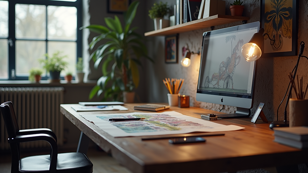 Wide angle view of a creative workspace with digital art tools