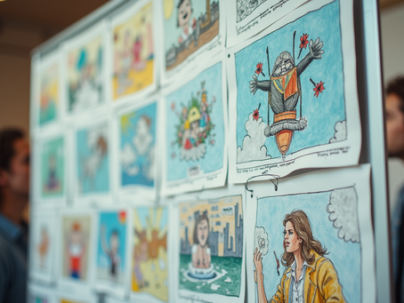 Eye-level view of a storyboard with colorful comic sketches