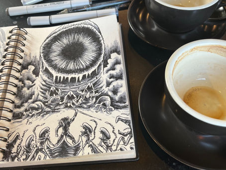 A workspace with comic sketches and drawing tools