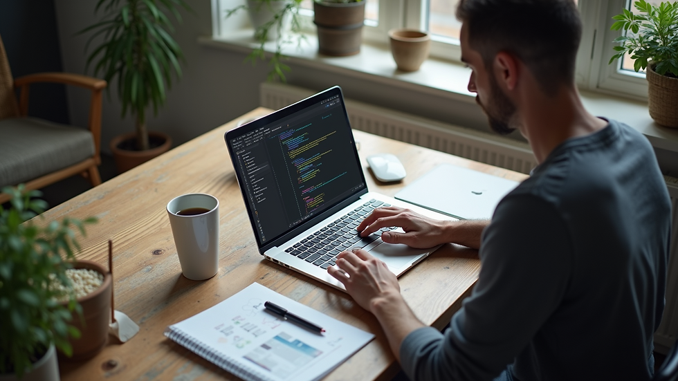 High angle view of a freelance graphic designer working on a laptop with design software