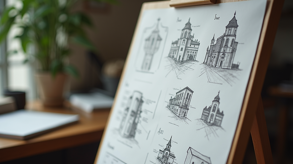 Close-up of a storyboard with sketches and notes