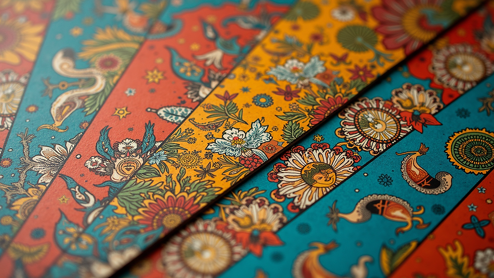 Close-up of colorful comic panels featuring traditional Southeast Asian motifs