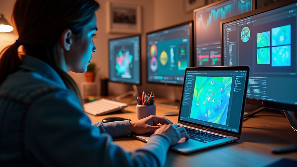 Eye-level view of a designer working on a laptop with colorful graphics on screen