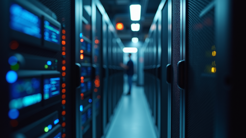 Close-up view of a technician monitoring network servers in a data center