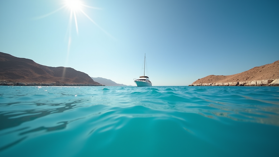 Eye-level view of a boat cruising on clear blue waters near La Paz coast
