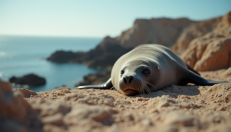 Eye-level view of a sea lion resting on a rocky outcrop near Isla Ceralvo