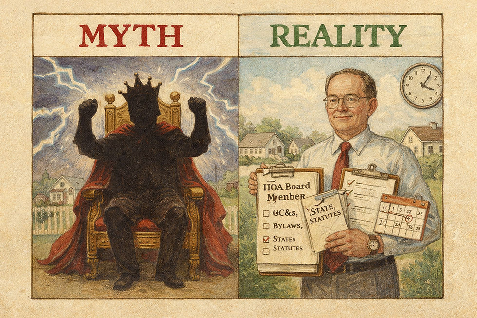 Split-screen illustration in a Norman Rockwell style showing “myth vs reality” of HOA power: on the left, a shadowy, crowned figure on a throne represents the myth of an all-powerful board; on the right, a calm HOA board member stands in a suburban neighborhood holding governing documents and a calendar, showing authority limited by rules and timelines.