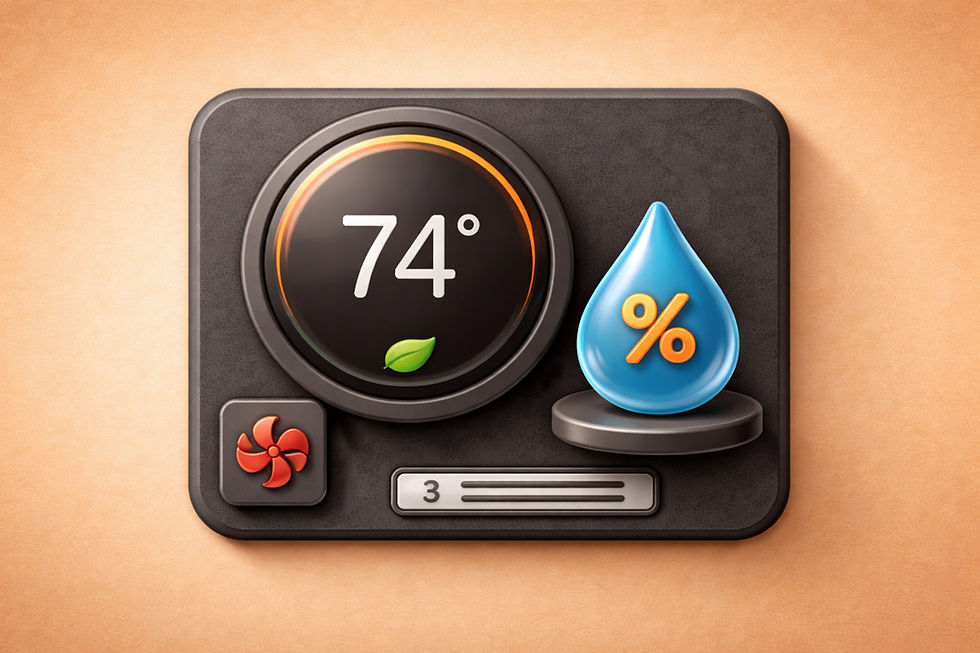 Clay-matte thermostat tile showing 74° with a humidity droplet “%” icon, fan symbol, and slider controls, representing HVAC and humidity settings while you’re away.