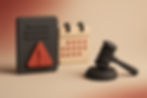 3D icons: black document with red exclamation, beige calendar with red dots, and black gavel on brown gradient background. Serious mood.