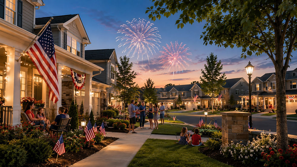 A well-kept HOA neighborhood decorated with American flags and red, white, and blue accents as families gather outside at dusk while fireworks light up the sky, creating a patriotic and community-focused July 4th scene.