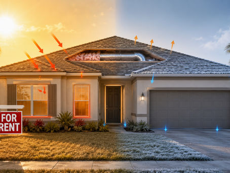 Central Florida rental home split between hot summer and cold winter conditions, illustrating attic insulation, HVAC ductwork, heat loss, and energy efficiency.