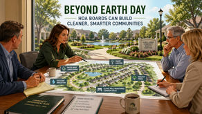 Illustration of HOA Board members reviewing a community improvement plan focused on cleaner, smarter neighborhoods, with highlights for water-wise landscaping, efficient irrigation, smart lighting, healthy trees, and well-maintained common areas inspired by an Earth Day theme.