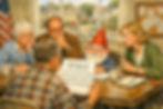 A Norman Rockwell-inspired illustration of an HOA board meeting in a cozy community room. Four human board members sit around a folding table with coffee mugs, papers, and a notepad, while a serious-faced garden gnome sits among them as an equal participant. In the foreground, a man in a plaid shirt holds up a paper titled “3 Questions for Our Community,” and the others study it with thoughtful, concerned expressions. Through the large window behind them, a quiet suburban neighborhood with houses, trees, and a white fence suggests the community they are discussing.