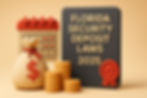 Sack with dollar sign, coin stacks, calendar, and sign reading "Florida Security Deposit Laws 2025" on a beige background.