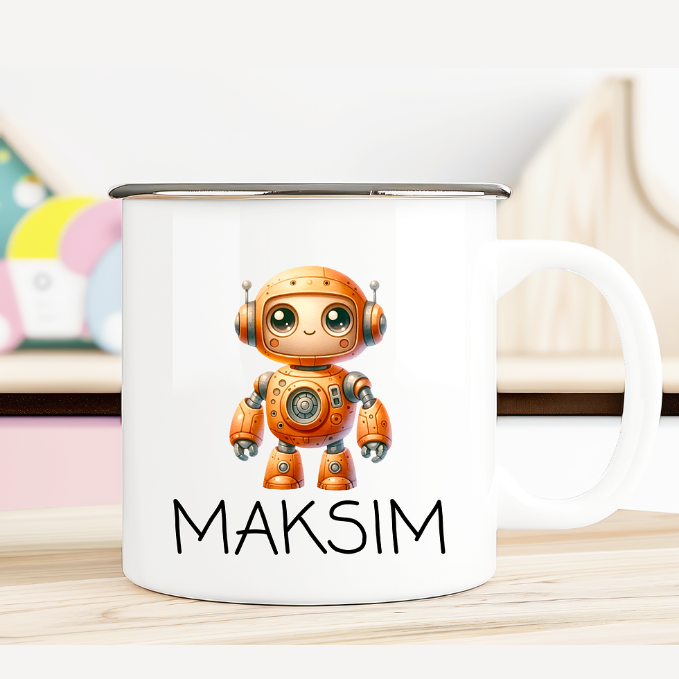 Sličica: Personaliziran emajliran lonček z motivom robotka.
