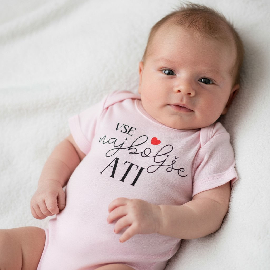 Dojenček v roza bodiju z napisom Vse najboljše ati