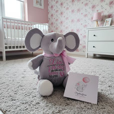Plišasti slonček z izvezenim imenom in rojstnimi podatki dojenčka