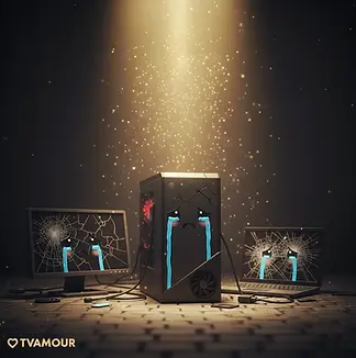 Un ordinateur gaming, un écran d'ordinateur et un ordinateur portable, tous endommagés et