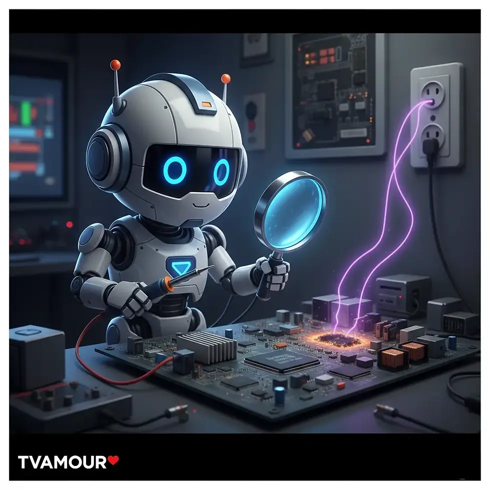 Mascotte TVAMOUR inspectant un téléviseur après une surtension pour établir une attestation d'irréparabilité. 🤖