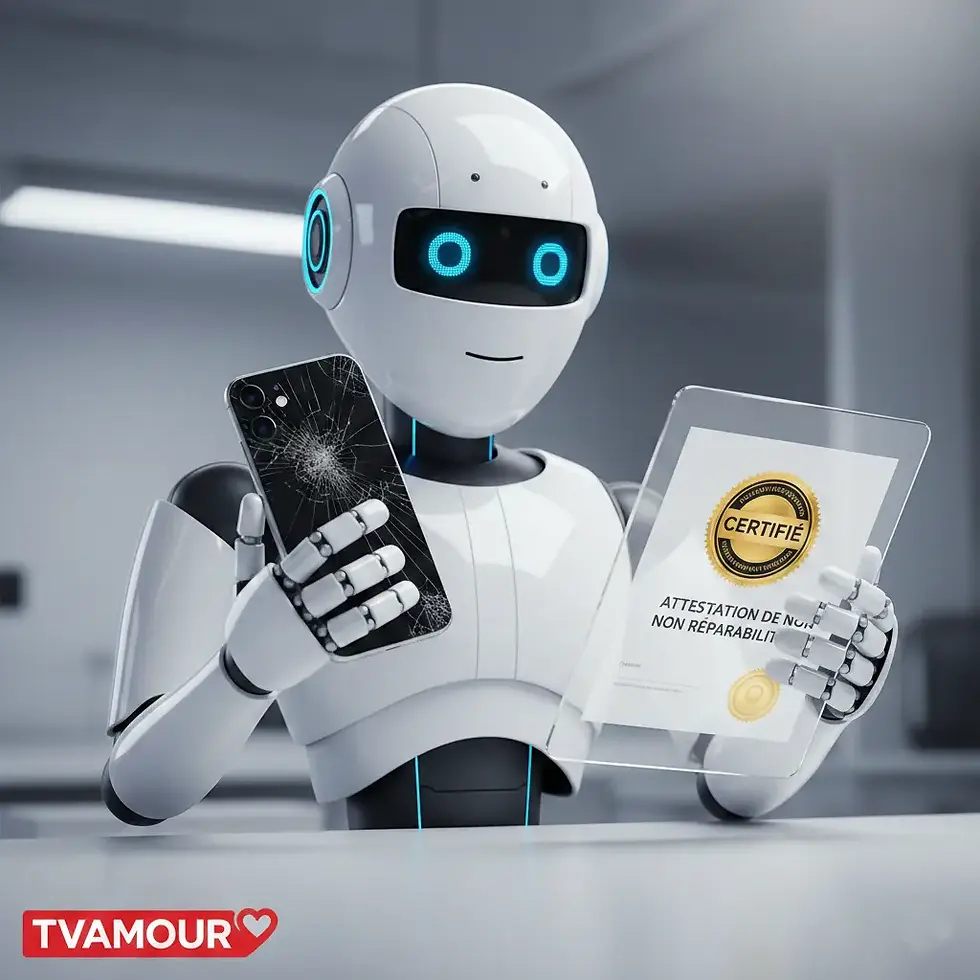 Robot blanc moderne analysant un smartphone pour délivrer une attestation de non réparabilité iphone.
