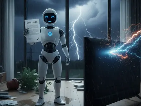 Robot expert TVAMOUR tenant une attestation d'irréparabilité propre et sèche devant une TV foudroyée par la tempête Nils, logo TVAMOUR en bas à gauche