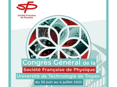 Banner for the 27th Congrès Général de la Société Française de Physique at the Université de Technologie de Troyes, featuring an Art and Science Exhibition. Artist Liz Alzona was invited to exhibit five of her science-based mixed media collages which celebrate the famous scientists, Niels Bohr, James Clerk Maxwell, Richard Feynman, Erwin Schrödinger and Madame Curie.
