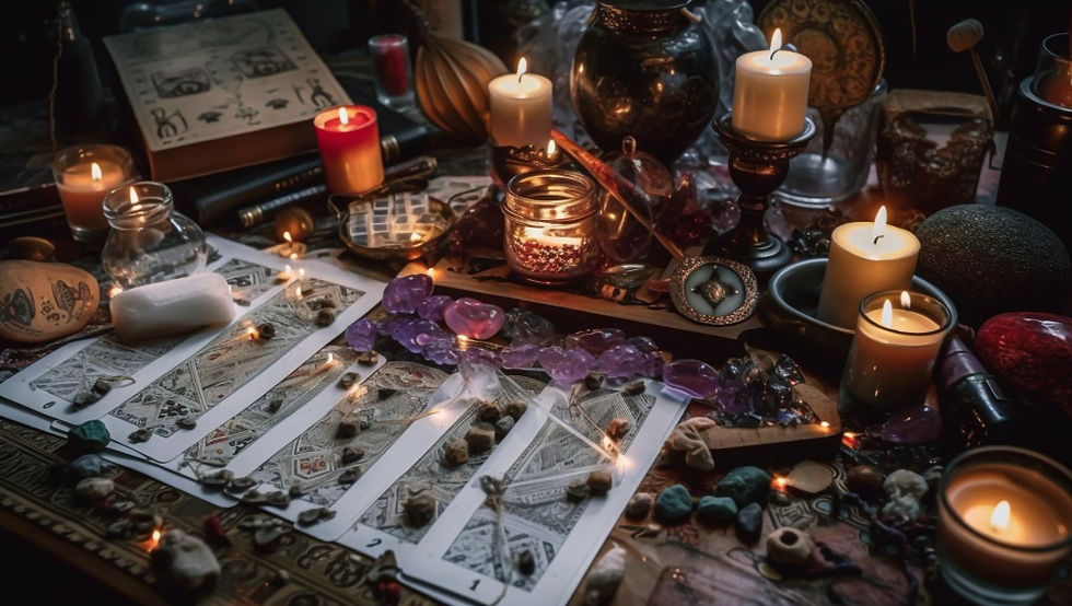 Mystical table with burning candles, old maps, and crystals