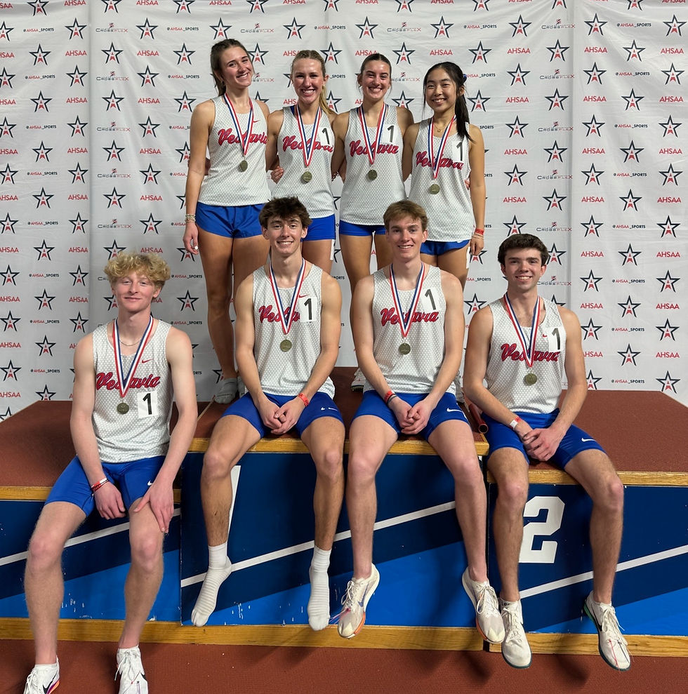 Relay Teams Getting 1st! Top is the girl 4x800 team with Grace Won, Abby Allen, Riley Zenah, and Kate McKinnon, and sitting down are our boys 4x800 winners with JT Hayes, Davis Witt, Jackson Mize, and Ethan Meadows!