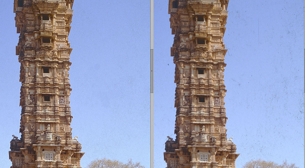 In this straight comparison test, you can see how damaged the original slide is. The sky in particular shows a frightening array of scratches and dust particles. The left-hand frame has been scanned using SilverFast's infra red scan technology (iSRD) - this is added after the scan to detect, and more importantly, remove dust and scratches. I was a bit sceptical about this at first but once you see the amazing results this produces, I consider the scanner a great investment - just for this infra red scan feature alone.