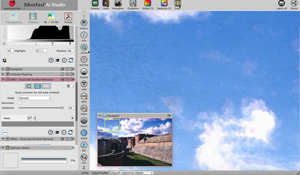 As you can clearly see, the processed scan is massively improved - there's still a bit of veining - very fine scratches, but these can be further reduced or even removed in post production. Bottom line is that even using out of the box tools, you can rescue damaged files and those with only a small amount of damage can end up looking (almost) like new. The software also has a masking feature - allowing you to restrict the action of the filter just to the relevant parts of the image (I have not tried that feature yet).