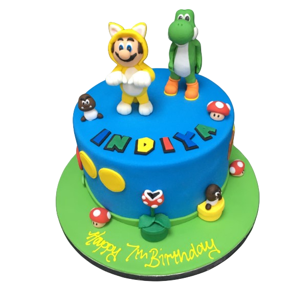 A creative and colourful Mario and Yoshi themed cake, perfect for fans of the popular video game characters. Perfect for birthdays and special occasions.