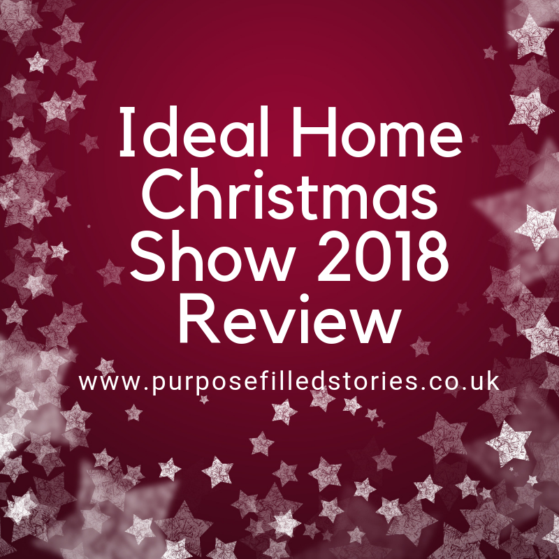 Dark red background, white stars bordering the sides and bottom, title centre in white reads Ideal Home Christmas Show 2018 review, website address underneath
