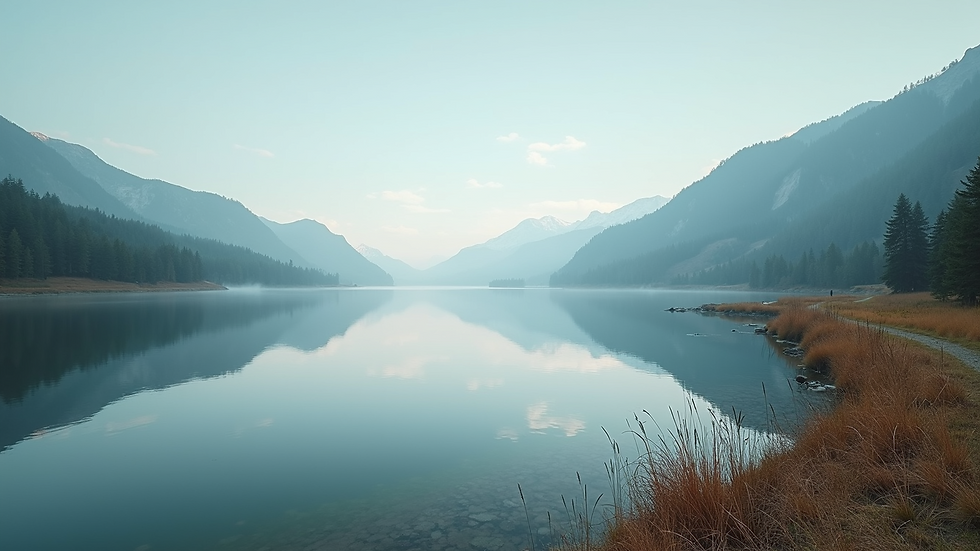 Wide angle view of a serene landscape with a tranquil lake