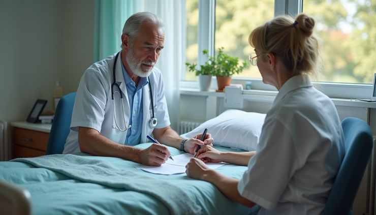 Eye-level view of a hospital room with a notary and a caretaker preparing documents