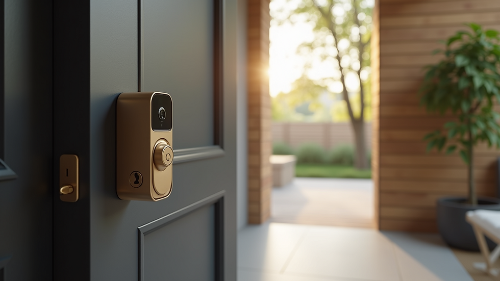 Eye-level view of a modern home entrance with smart lock and security camera